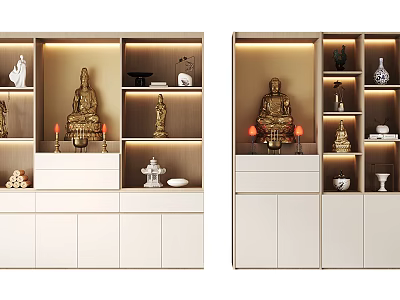Modern Buddhist Shrine Cabinet With Buddha Statues Storage Drawers Decorative Items And Ambient Lighting 3d model