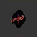 Blue Skinned Game Movie Character With Red Armor And Flaming Elements On Base