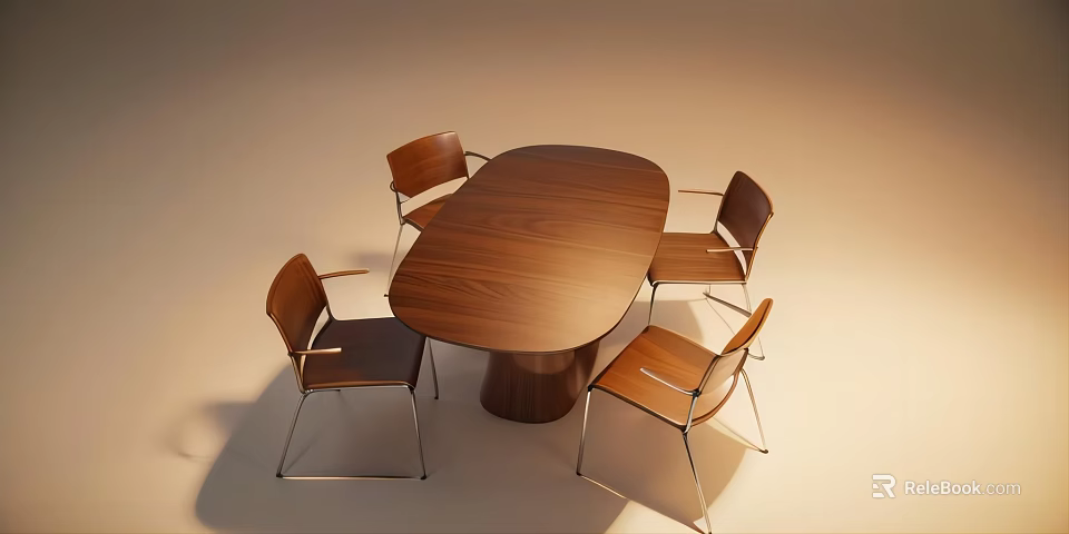 Oval Wooden Dining Table Set With Four Chairs And Metal Legs 3d model 