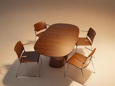 Oval Wooden Dining Table Set With Four Chairs And Metal Legs 3d model