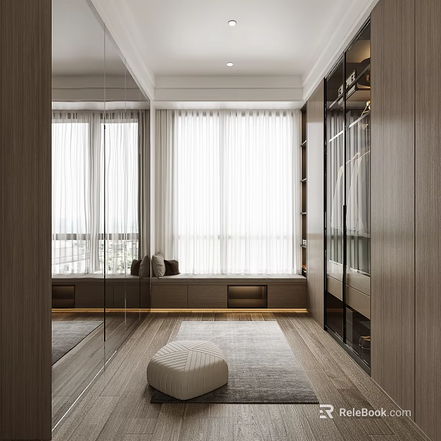 Modern Walk in Closet Featuring Large Mirrors Wooden Cabinets Tall Windows Window Bench Round Ottoman 3d model 