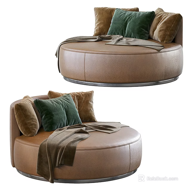 Brown Leather Single Sofa With Round Design Green Cushions And Throw Blanket 3d model