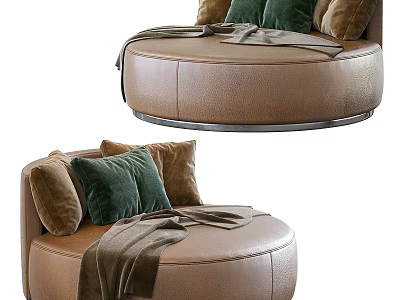 Brown Leather Single Sofa With Round Design Green Cushions And Throw Blanket 3d model