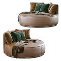 Brown Leather Single Sofa With Round Design Green Cushions And Throw Blanket 3d model