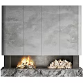 Modern Fireplace With Gray Panel Stone Base Burning Fire And Firewood 3d model