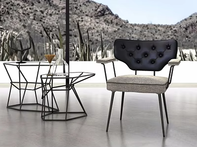 Modern Armchair With Black Tufted Back Gray Upholstered Seat Metal Legs Geometric Metal Side Tables Wine Glasses Mountain View 3d model