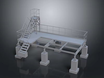 Industrial Platform Structure With Metal Frame Staircase Railing And Support Columns 3d model