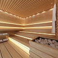 Modern Shower Sauna Room With Wooden Paneling Recessed Lighting Benches And Stone Container