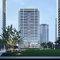 Modern High Rise Residential Buildings With Glass Facade Plaza And Pedestrians
