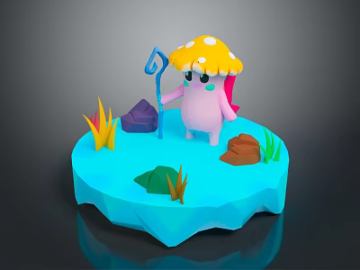 Cute Pink Cartoon Creature With Yellow Mushroom Hat Holding Cane On Platform With Colorful Stones And Grass 3d model
