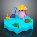 Cute Pink Cartoon Creature With Yellow Mushroom Hat Holding Cane On Platform With Colorful Stones And Grass