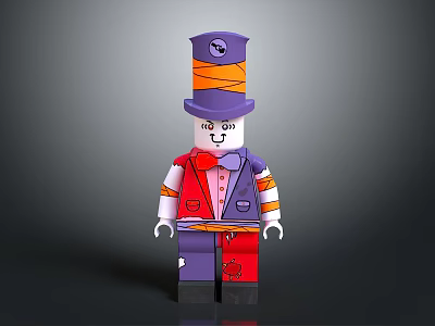 Lego Figure With Purple Orange Tall Hat Red Vest Bow Tie And Pants 3d model