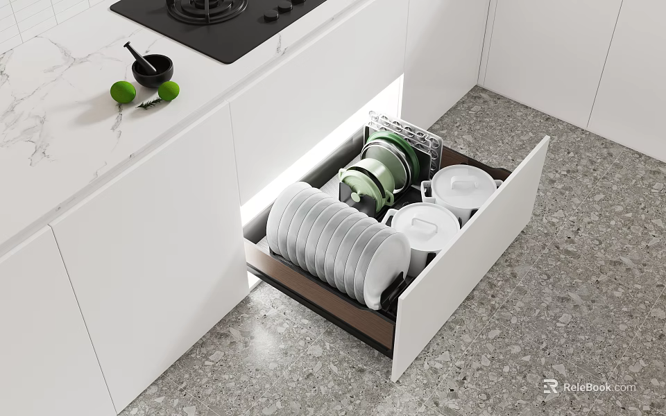 Modern Kitchen Interior Dinnerware Set Stored in Open Drawer with Plates and Bowls 3d model 