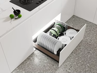 Modern Kitchen Interior Dinnerware Set Stored in Open Drawer with Plates and Bowls 3d model