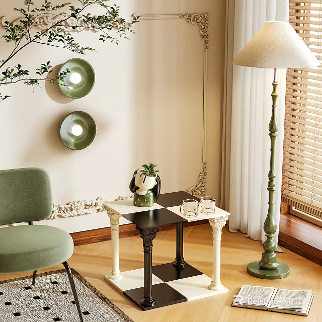 Elegant Side Table with Vase Glasses Near Green Armchair Floor Lamp and Wall Decorative Plates 3d model 