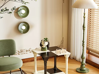 Elegant Side Table with Vase Glasses Near Green Armchair Floor Lamp and Wall Decorative Plates 3d model