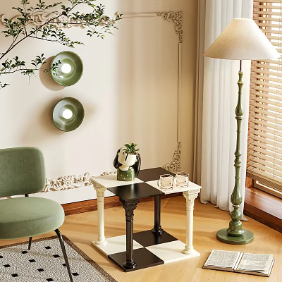 Elegant Side Table with Vase Glasses Near Green Armchair Floor Lamp and Wall Decorative Plates 3d model