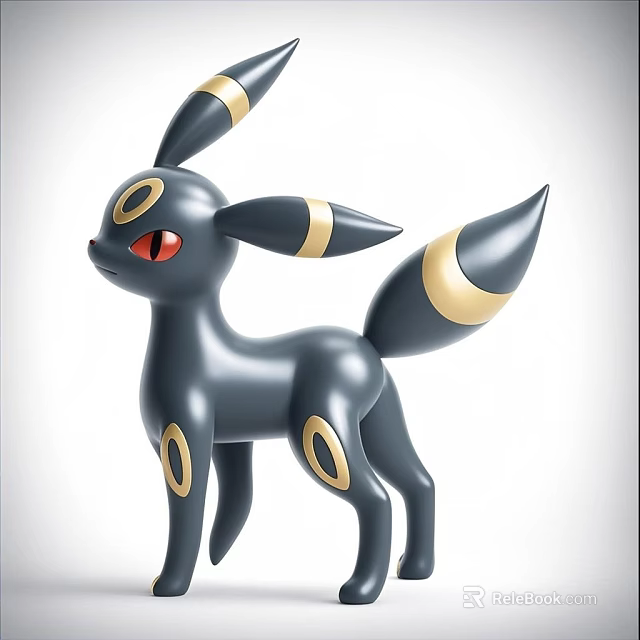 Black Plush Doll With Golden Ring Patterns Pointed Ears Red Eyes And Tapered Tail 3d model 