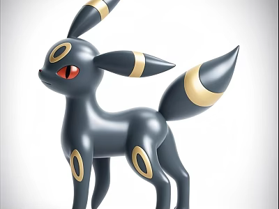 Black Plush Doll With Golden Ring Patterns Pointed Ears Red Eyes And Tapered Tail 3d model