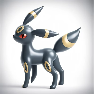 Black Plush Doll With Golden Ring Patterns Pointed Ears Red Eyes And Tapered Tail 3d model