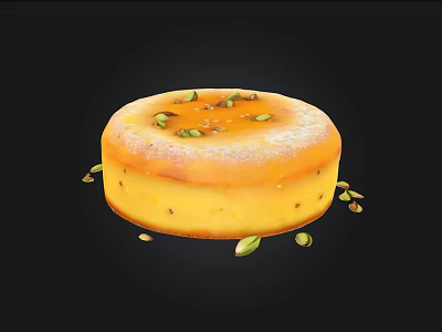Round Yellow Creamy Dessert Topped With Green Pistachio Seeds And Scattered Around 3d model