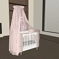 White Baby Crib With Pink Canopy And Bedding Near Window Blinds And Bookshelf