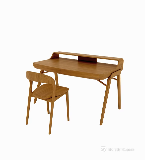 Modern Wooden Desk With Matching Chair For Minimalist Home Study Design 3d model 