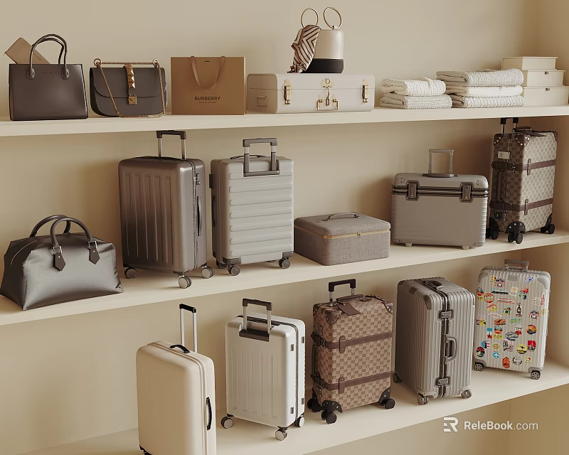Stylish Bags And Suitcases Collection Organized On Shelves With Various Designs 3d model 