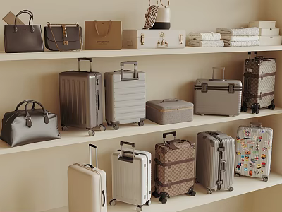 Stylish Bags And Suitcases Collection Organized On Shelves With Various Designs 3d model