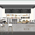 Modern Fresh Cafe Interior With Counter Menu Board Drinks Food Items And Stools 3d model