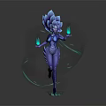 Game Movie Character With Blue Lotus Shaped Head Holding Glowing Orbs And Blue Energy Ribbons