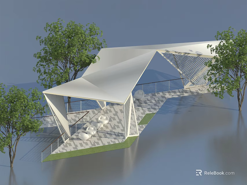 Modern Pergola With Geometric White Canopy Structure Surrounded by Trees And Seating Area 3d model 