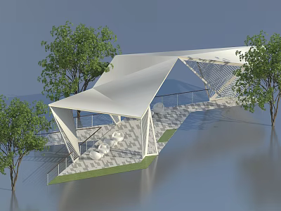 Modern Pergola With Geometric White Canopy Structure Surrounded by Trees And Seating Area 3d model