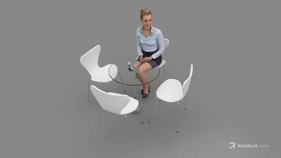 Modern Negotiation Table and Chairs with Round Glass Top and White Chairs in Office 3d model 