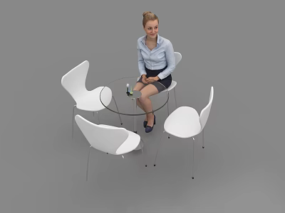 Modern Negotiation Table and Chairs with Round Glass Top and White Chairs in Office 3d model