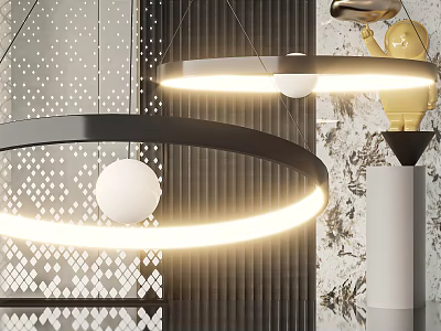 Modern Circular Pendant Lights With Glowing Rings White Spheres And Yellow Sculpture In Geometric Interior 3d model