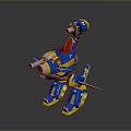 Blue And Yellow Lego Robot Model With Mechanical Legs Cannon And Spear