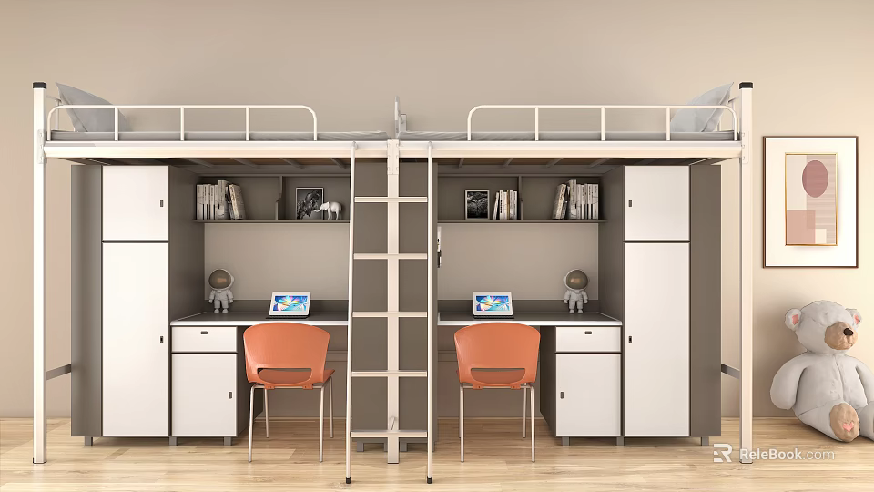 Functional Bunk Bed Setup with Two Desks Laptops Orange Chairs and Shelving Cabinets 3d model