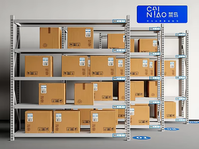 Heavy Duty Metal Display Shelves With Stacked Storage Boxes For Warehouse Storage 3d model