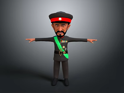 Cartoon Military Character In Black Uniform With Red Hat And Green Sash 3d model