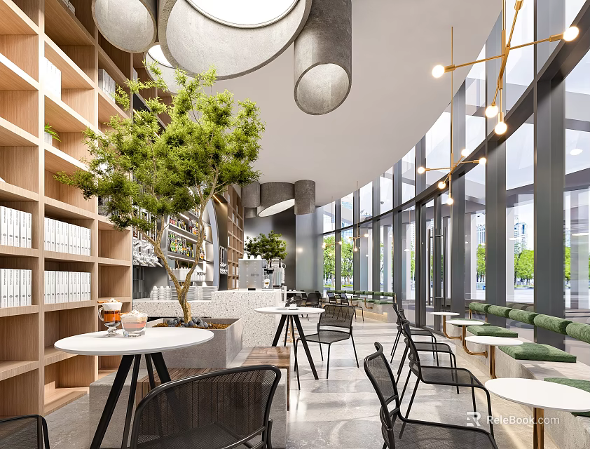 Modern Bright Café Interior With Large Windows Green Plants And Wooden Bookshelves 3d model 