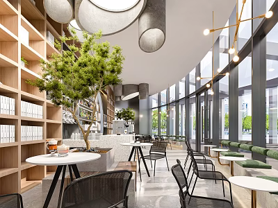 Modern Bright Café Interior With Large Windows Green Plants And Wooden Bookshelves 3d model