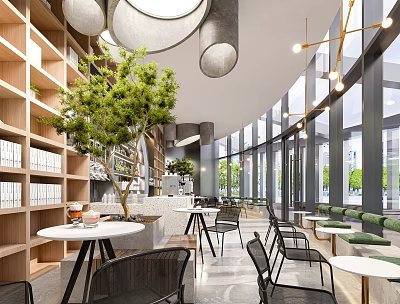 Modern Bright Café Interior With Large Windows Green Plants And Wooden Bookshelves 3d model