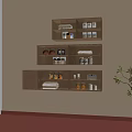 Minimalist Modern Wooden Wall Shelves With Jars Books Storage Items And Green Plant