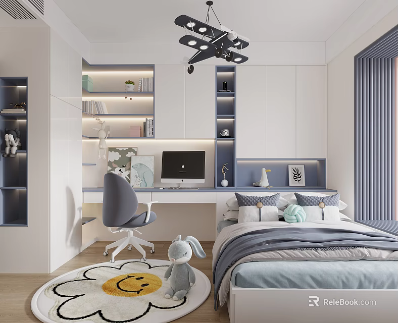 Cozy Tatami Bedroom Interior Design With Desk Computer Gray Chair And Smiley Rug 3d model 