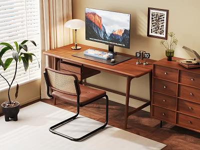 Cozy Study Room Interior Featuring Wooden Desk Computer Monitor Table Lamp And Comfortable Chair 3d model