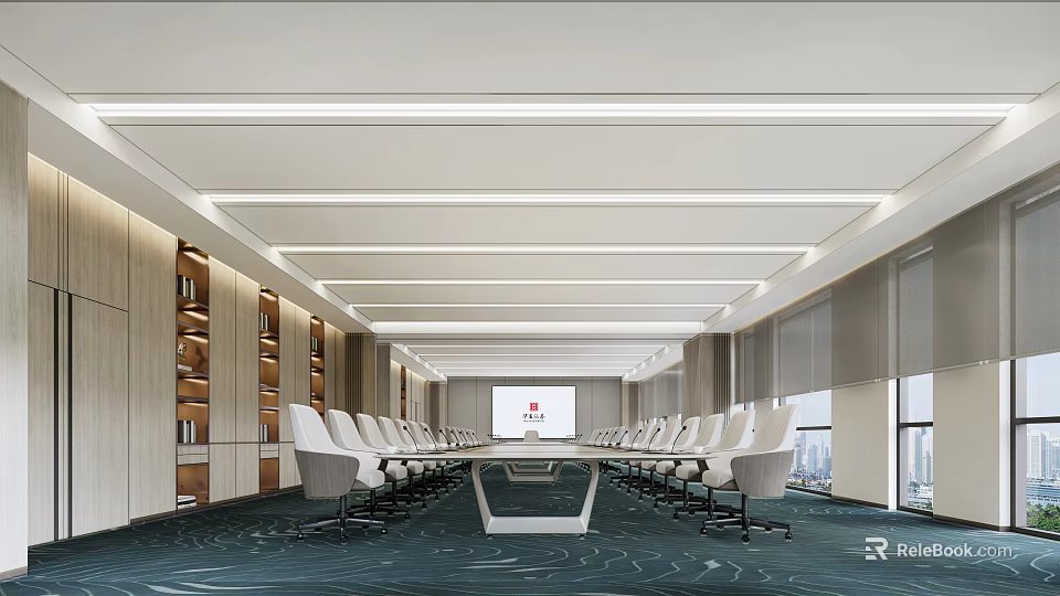 Modern Conference Room Interior With Long Table White Chairs Bookshelves Large Windows And Blue Carpet 3d model 