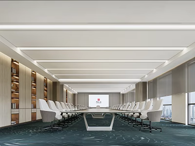 Modern Conference Room Interior With Long Table White Chairs Bookshelves Large Windows And Blue Carpet 3d model