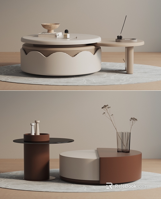 Modern Coffee Tables Scalloped Edge Round White And Brown Combination Design With Decorative Items 3d model 