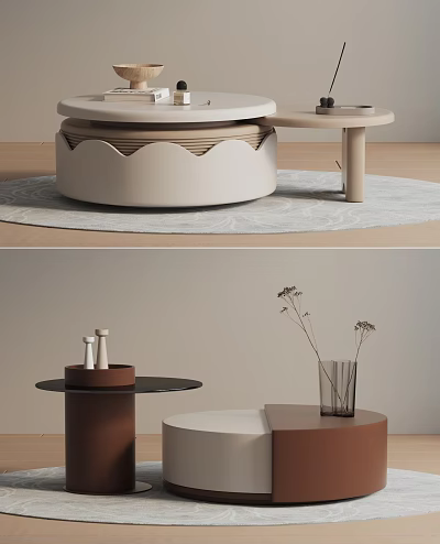 Modern Coffee Tables Scalloped Edge Round White And Brown Combination Design With Decorative Items 3d model